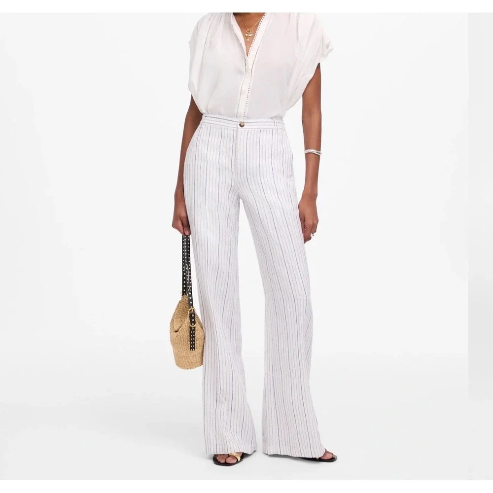 Madewell The Zoe Relaxed Wide Pant 100% Linen Striped White Blue size 6 NV159 - Picture 2 of 13